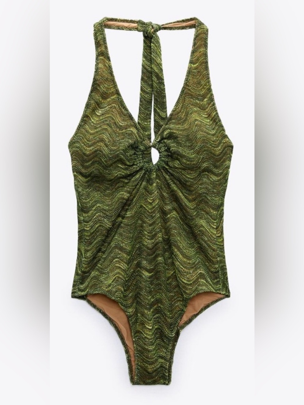 Zara Green Textured Halter Swimsuit with Ring Detail - XL - NWT
